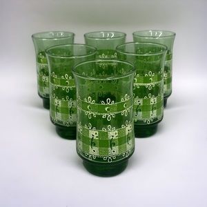 Vintage Green Checkered Drinking Juice Glasses Set of 6 Glassware Cups
